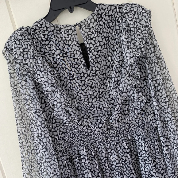 MNG by Mango, Shimmer Ruffled Long Sleeve Abstract Mini Dress, Black, White - Picture 6 of 11